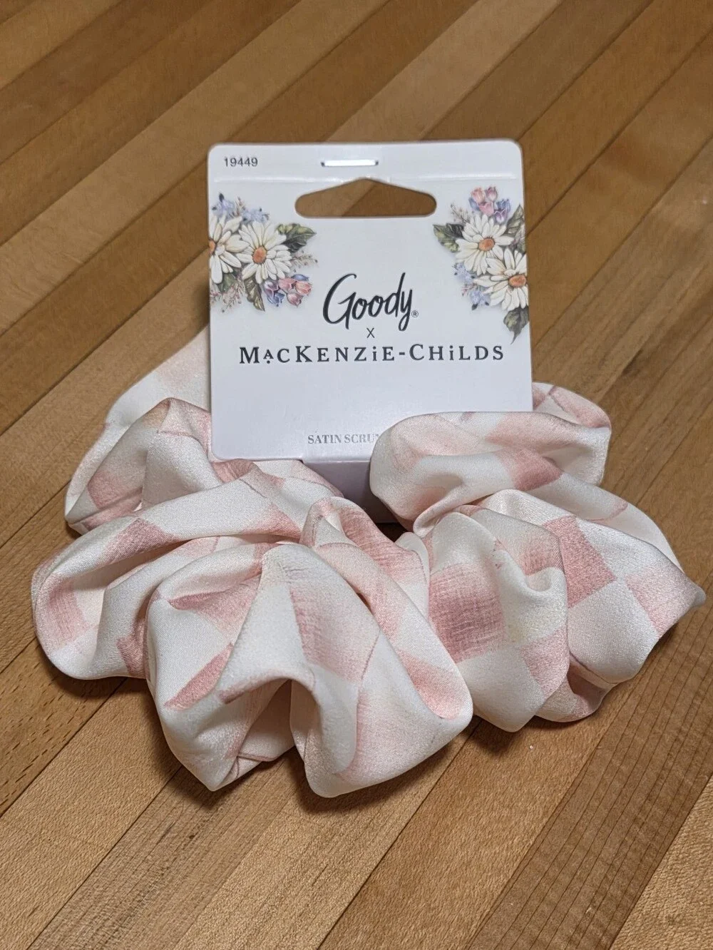 MacKenzie-Childs Pink and White Checker Satin Hair Scrunchie